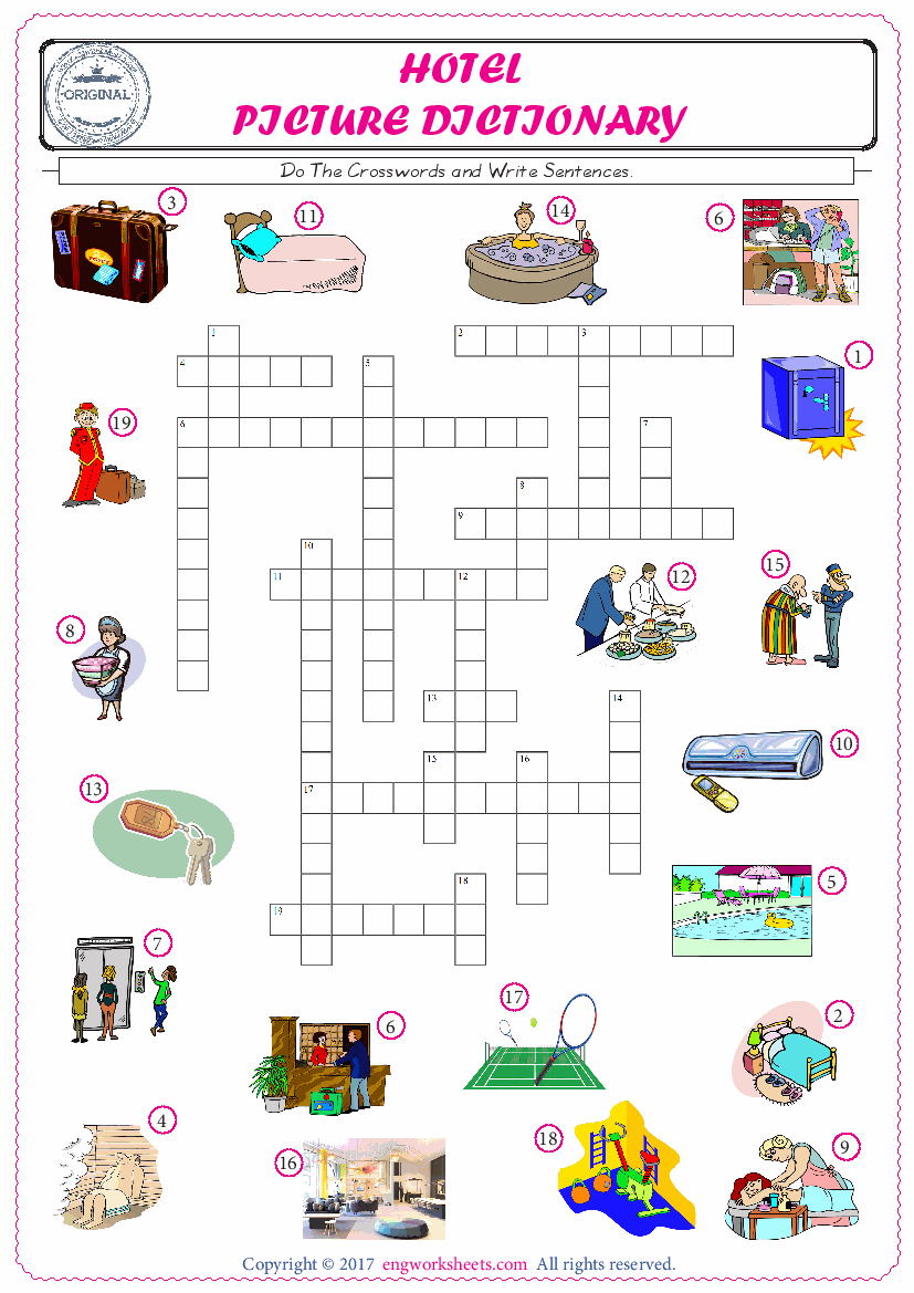  ESL printable worksheet for kids, supply the missing words of the crossword by using the Hotel picture. 